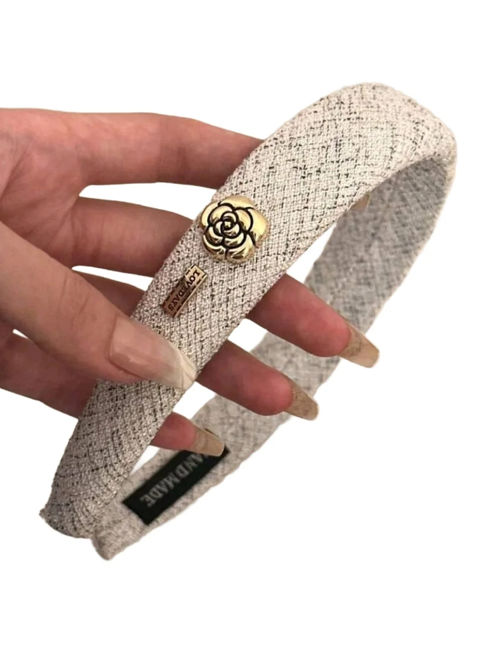 Handmade Tweed Headband with Gold Camellia Flower Accent